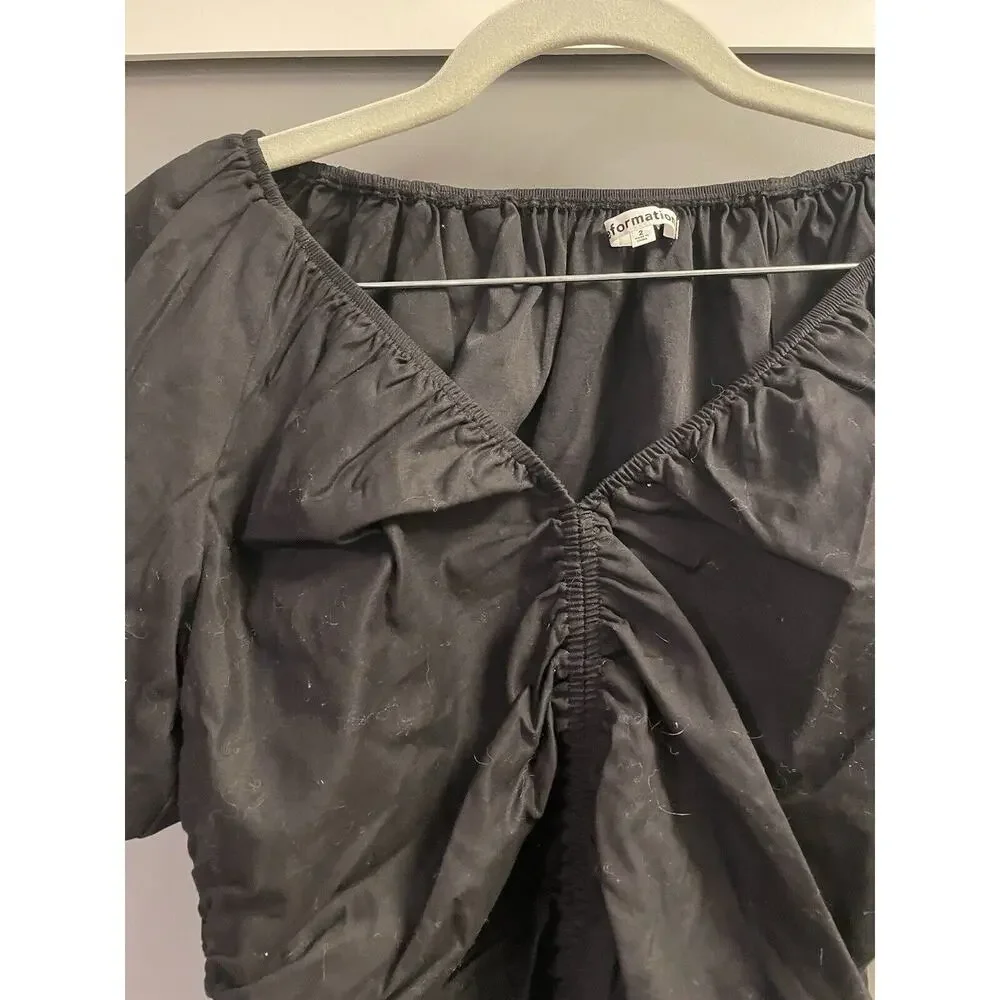 Reformation Sonny Organic Cotton Poplin Stretch Ruched Puff Short Sleeve Black 2